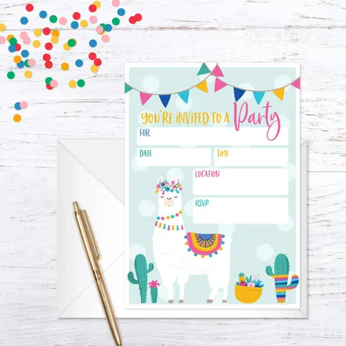 Miniatura 4 de Canopy Street Invitación de fiesta de relleno de llama, 25 invitaciones y sobres de cumpleaños de fiesta de llama, invitación de alpaca plana de 5 x