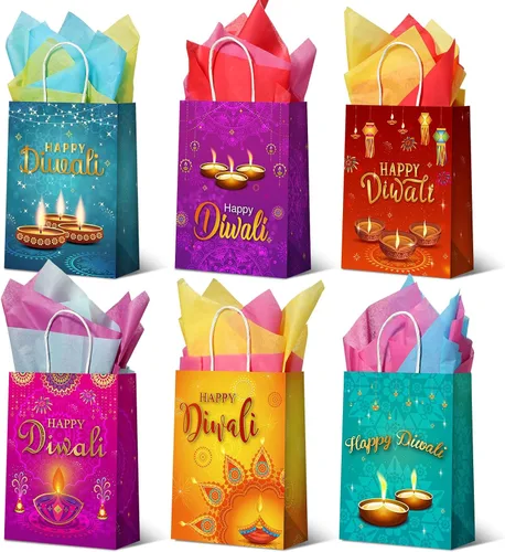 Cholemy 18 bolsas de regalo Diwali – Festival de luces con asas – Bolsas de regalo de cumpleaños de Sydney de papel Diwali – Suministros de fiesta