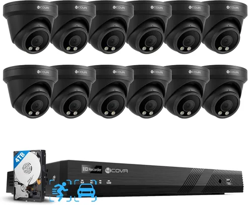 4COVR - Sistema de cámara de seguridad de 16 canales 4K, detección de humanos y vehículos, NVR de 8MP 4TB HDD, 12 unidades de 8MP con cable, cámara