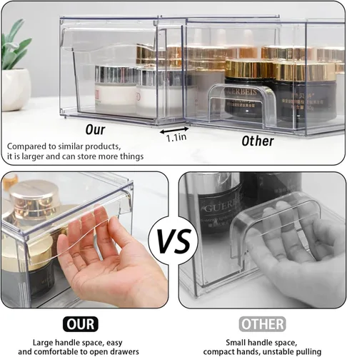 Miniatura 4 de Paquete de 6 cajones de almacenamiento apilables transparentes, organizador de maquillaje de baño grande de 12 pulgadas de ancho y bolígrafo, lentes