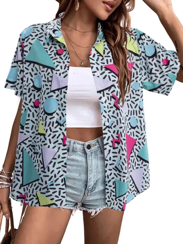 Trajes de los años 80 y 90 para mujer, camisa de discoteca retro para fiesta temática de los años 80, camisa hawaiana de neón con botones y manga