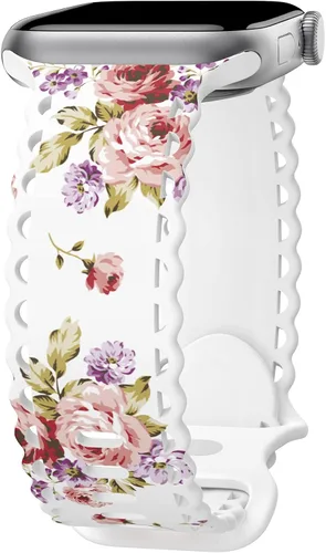 Compatible con Apple Watch Band de 41mm 40mm 38mm 49mm 45mm 44mm 42mm para Mujeres Niñas, Correas Deportivas de Silicona Suave con Estampado Floral