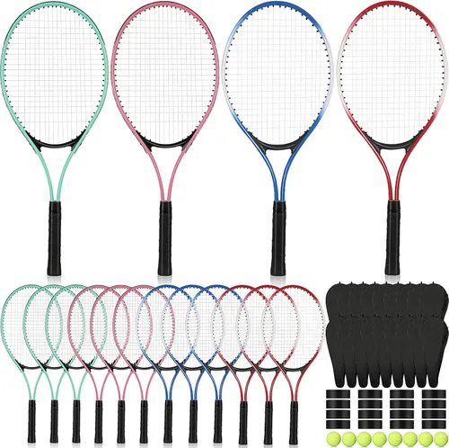 16 raquetas de tenis para adultos recreativas para 8 jugadores, raqueta de tenis de 27 pulgadas, raqueta de tenis ligera a granel con 8 pelotas de