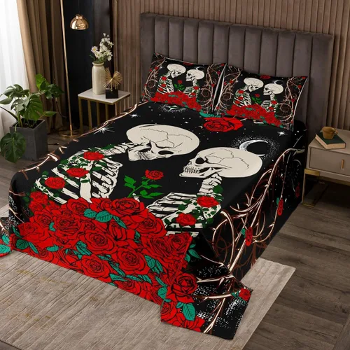 Erosebridal Juego de colcha gótica acolchada con calavera de azúcar para parejas, romántica rosa roja para niños, mujeres y hombres, juego de