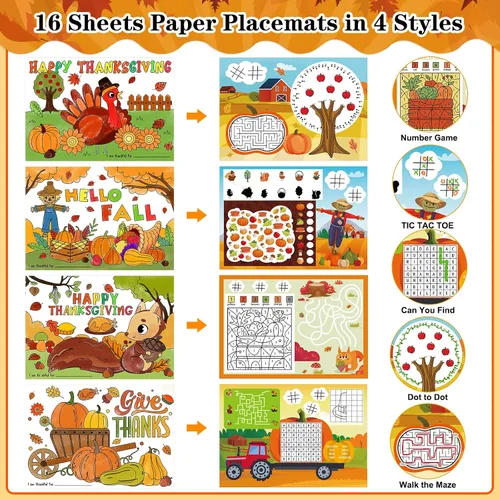 Miniatura 3 de PETCEE Manteles individuales para colorear de Acción de Gracias, 16 manteles individuales de doble cara de 14 x 10 pulgadas para niños
