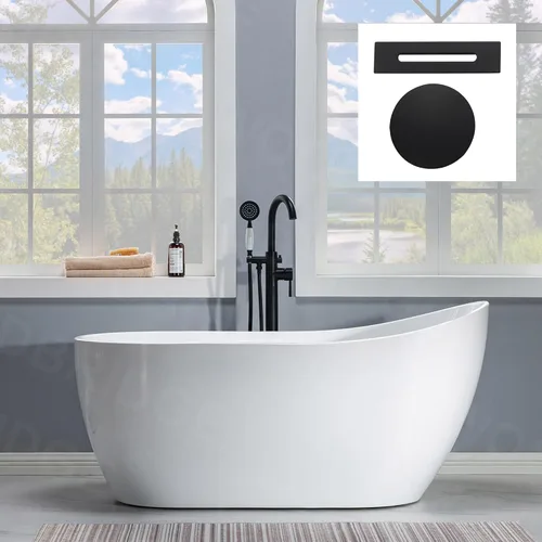 WOODBRIDGE Bañera de acrílico independiente de 59 pulgadas, bañera de remojo contemporánea con desagüe y desbordamiento negro mate B/M
