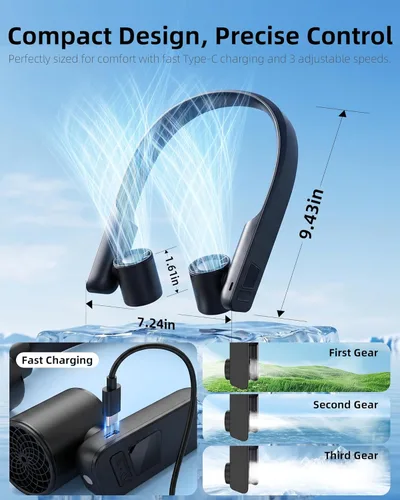 Miniatura 6 de FrSara Portable Neck Fan that Blows Cold Air Rechargeable, Personal Battery Powered Cooling Device with USB TYPE-C, LED Display, Light, 3-Speed