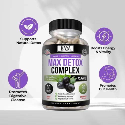 Miniatura 5 de Kaya Naturals Max Detox - Suplemento de hierbas - Ingredientes naturales 1532 mg - Polvo de psyllium, extracto de bayas de acai, raíz de jengibre
