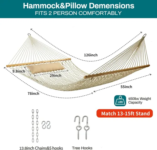 Miniatura 3 de JoyView Hamaca doble de cuerda tradicional, hamaca de algodón tejida a mano con barra separadora de madera dura y almohada, capacidad de 450 libras
