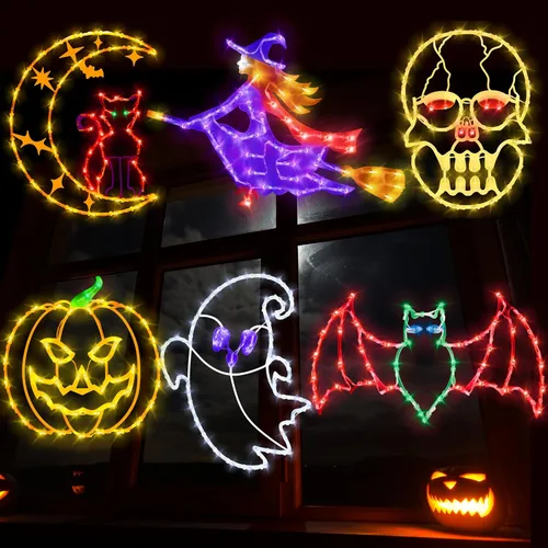 Miniatura 11 de Decoraciones de Luces de Siluetas para Ventana de Halloween de 16" - Paquete de 6 Colores Iluminados Gato en Luna y Fantasma y Telaraña y Calabaza