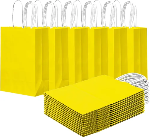 qiqee 24 bolsas de regalo pequeñas con asas a granel de 8.3 x 6 x 3 pulgadas, bolsas de regalo amarillas brillantes, múltiples usos (tamaño pequeño)