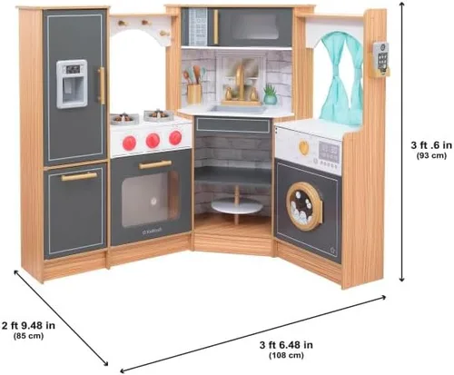 Miniatura 8 de KidKraft Cocina de juego de madera con luces y sonidos, teléfono y cortinas, natural, regalo para mayores de 3 años