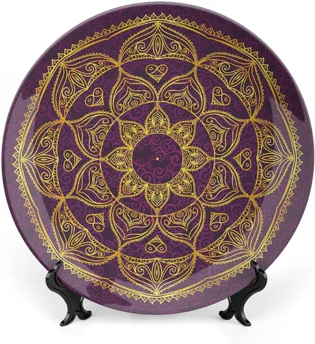 Miniatura 10 de XISUNYA Plato decorativo de 6 pulgadas, porcelana redonda de mandala dorada, plato de exhibición de estampado floral indio oriental para mesa