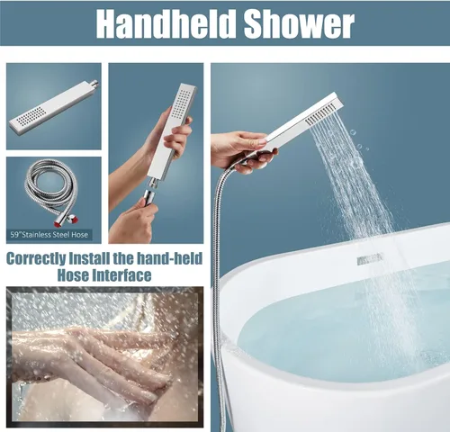 Miniatura 4 de Aolemi Grifo de bañera independiente para montaje en el piso, relleno de bañera de latón de una sola manija, grifo de bañera de pie con rociador
