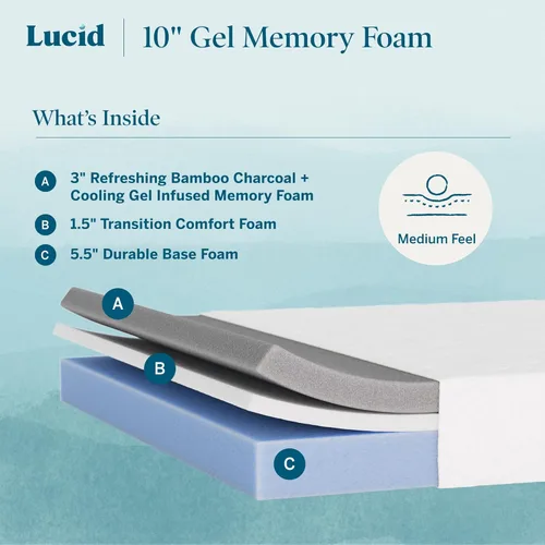 Miniatura 3 de Lucid - Colchón de espuma viscoelástica de 10 pulgadas - Sensación media - Infundido con refrescante carbón de bambú y gel refrescante - Cama en una