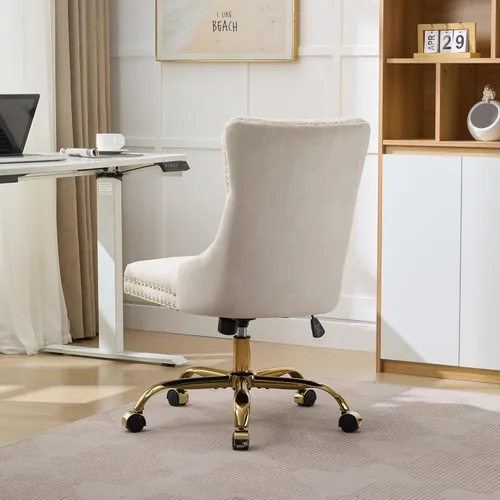Miniatura 5 de Warmiehomy Silla de oficina con respaldo copetudo, silla de escritorio de terciopelo con base dorada, sillas de maquillaje giratorias de altura