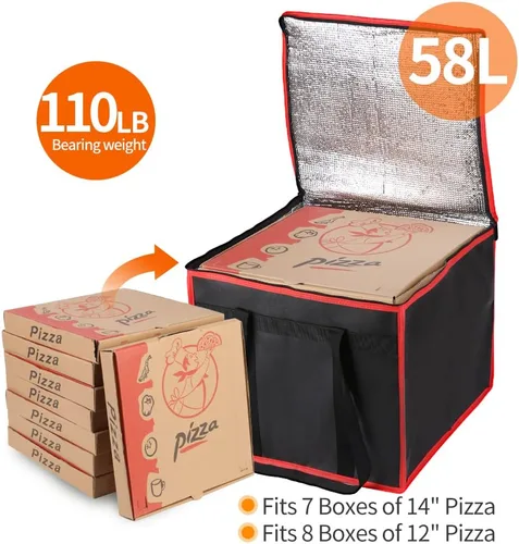 Miniatura 4 de Bodaon Bolsa de entrega de pizza aislada, 16 x 16 x 14 pulgadas, bolsas calentadoras de pizza para llevar caliente, bolsa de entrega comercial, Rojo