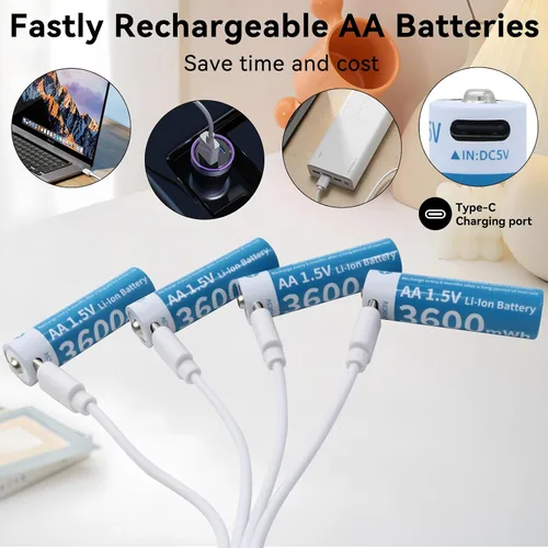 Miniatura 2 de Baterías de litio recargables AA, paquete de 4 baterías de iones de litio recargables USB-C de 1.5 V 3600 mWh con cargador USB a tipo C 4 en 1