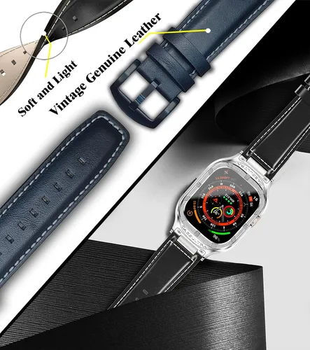 Miniatura 6 de Funda de acero inoxidable compatible con Apple Watch Ultra 2 correas para hombres de 1.929 in 1.772 in 1.732 in 1.654 in, correa de cuero genuino