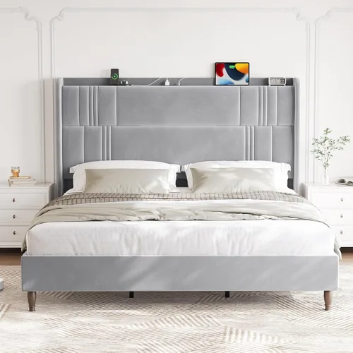 Base de cama tamaño King y cabecera alta, base de cama tapizada de 52 pulgadas con estación de carga, marcos de cama de terciopelo de lujo, cabecera
