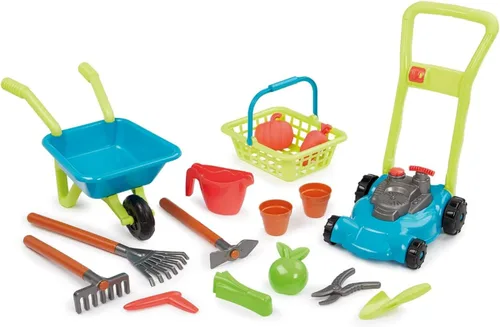 Ecoiffier 4585 Super Garden Pack 3 en 1: Cortacésped, carretilla, cesta y accesorios de jardinería, herramientas de jardín para niños a partir de 18