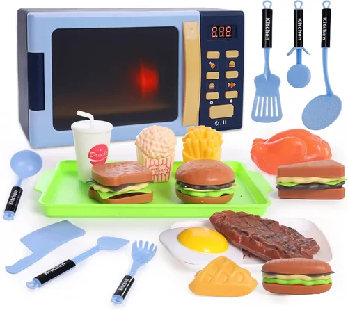 Cuterabit - Juguetes de microondas para niños con luz y sonido, electrodomésticos de cocina realistas, accesorios de cocina de juego y comida de
