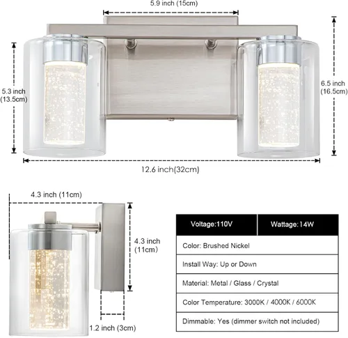 Miniatura 5 de SineRise lámpara de tocador de 2 luces de níquel cepillado, con 3 modos de color (3000K/4000K/6000K), lámpara de baño LED de protección ocular