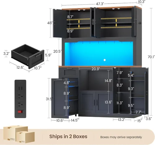 Miniatura 2 de Itaar Armario de despensa de 71 pulgadas con estación de carga y luz LED, armario de despensa de cocina con soporte para microondas, armarios
