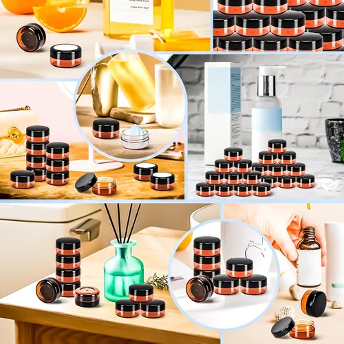 Miniatura 5 de Paquete de 50 de 10 g pequeños contenedores de cosméticos de plástico con tapas, frascos de maquillaje de 10 gramos de color ámbar con espátulas