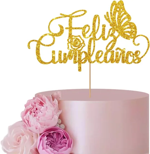 Decoración de pastel de feliz cumpleaños español dorado para decoración de fiesta de cumpleaños, decoración de pastel de mariposa de feliz