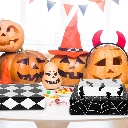 Miniatura 6 de AnyDesign 12 hojas de papel de regalo de Halloween, papel de embalaje de telaraña de fantasma, calabaza y fantasma, papel de embalaje plegado plano