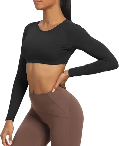 Miniatura 4 de Aoxjox Camiseta corta de manga larga para mujer, Clarissa sin espalda, para entrenamiento