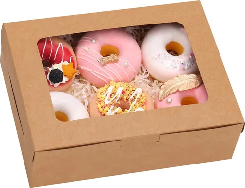 TOMNK 12 cajas de panadería marrón de 8 x 6 x 2.5 pulgadas con ventana, cajas de galletas para fresas de chocolate, donas, magdalenas, magdalenas y