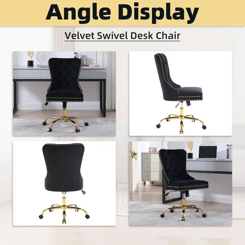 Miniatura 9 de Silla de escritorio de terciopelo con ruedas, silla de oficina dorada, silla giratoria sin brazos con ribete de remache de respaldo alto, cómoda