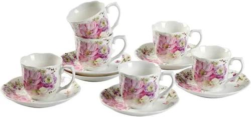 GuangYang Juego de 6 tazas de té y platillos de porcelana de 7 onzas, diseño floral rosa, elegante juego de regalo para amantes del té, café,