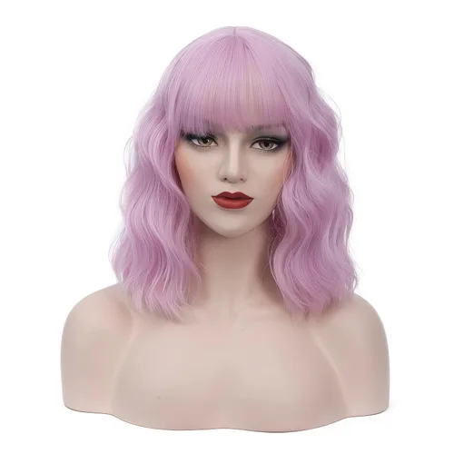 Miniatura 7 de BUFASHION Peluca rizada corta ondulada de 14 pulgadas para mujer, peluca sintética para cosplay, Halloween, peluca con flequillo lateral (negro)