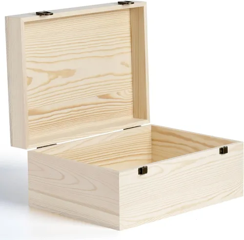 Caja Grande de Madera 14'' x 10.4'' x 6.5'' Caja de Madera Sin Terminar con Tapa con Bisagras Cajas de Madera para Manualidades, Almacenamiento,