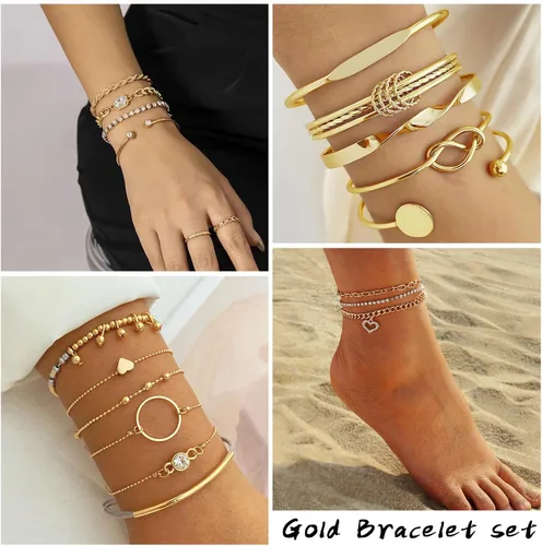 Miniatura 3 de IFKM Juego de 6 pulseras de cadena de oro bohemio para mujer, chapado en oro de 14 quilates, múltiples capas, apilables, abiertas, con eslabones