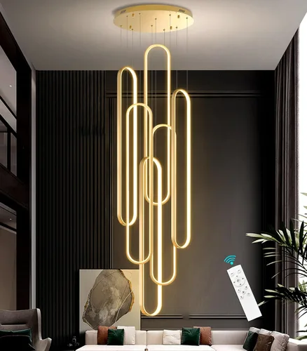 Miniatura 13 de Candelabros LED modernos para entrada de vestíbulo, techo alto, lámparas de escalera largas, regulables, montaje empotrado, alto recibidor, Negro