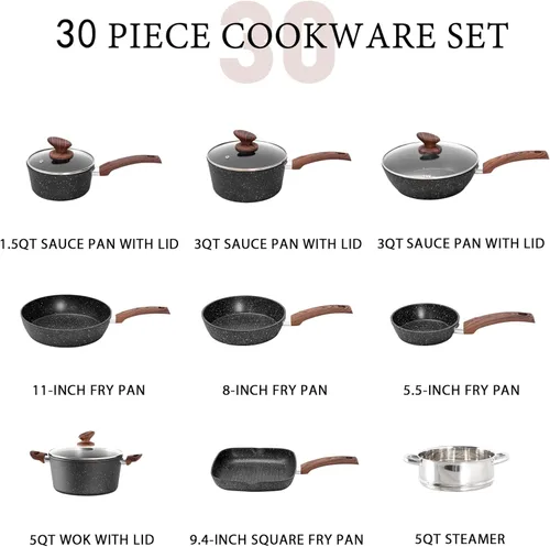 Miniatura 5 de MAISON ARTS Juego de 30 piezas de ollas y sartenes antiadherentes, juego de utensilios de cocina y de horneado con revestimiento de granito Negro