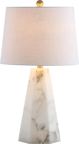 JONATHAN Y Lámpara de mesa moderna de alabastro natural/latón dorado de 25.5 pulgadas para dormitorio, pantalla de lino blanco, lámpara de mesita de