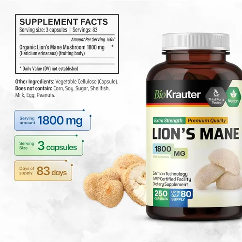 Miniatura 3 de BIO KRAUTER® Melena de Leones para el apoyo del enfoque y la salud cerebral, suplemento vegano de hongo de melena de león, claridad natural y apoyo