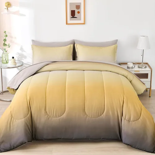 Anibedding - Juego de edredón gradiente amarillo tamaño King de 7 piezas, amarillo y gris ombre, cama en una bolsa, juego completo de ropa de cama -