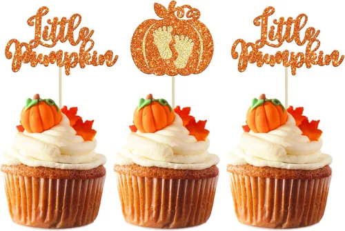 Miniatura 10 de 24 adornos para cupcakes de calabaza para niños o niñas con purpurina para revelación de género, decoración para cupcakes de calabaza, pies