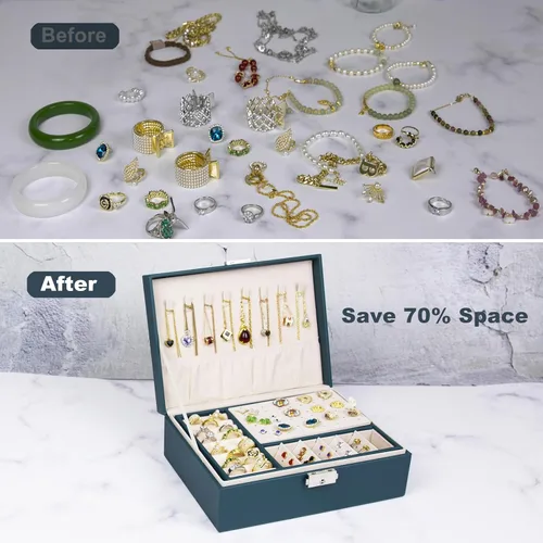 Miniatura 2 de SYCARON Joyero organizador para mujeres y niñas, estuche organizador de joyas de 2 capas, caja de almacenamiento de joyería de piel sintética