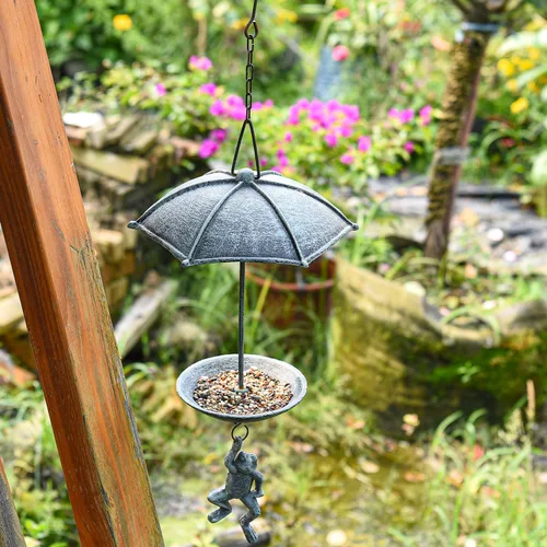Miniatura 4 de Sungmor Comedero decorativo colgante para pájaros, baño de pájaros de hierro fundido impermeable, diseño único de paracaidismo de rana verde