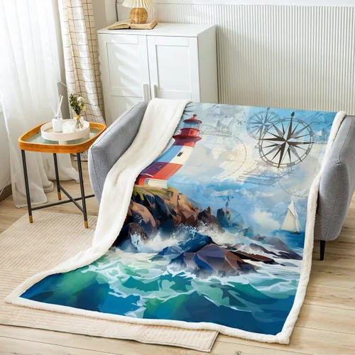 Miniatura 2 de Manta de olas oceánicas para cama, silla, retro, brújula, velero, manta náutica para decoración de dormitorio de niños, manta de vellón marino