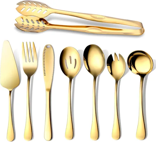 Utensilios de Servicio Dorados, OGORI Juego de 8 Piezas de Cubiertos de Acero Inoxidable Pulido Incluye Cuchara de Servir, Cuchara Ranurada, Oro | 8