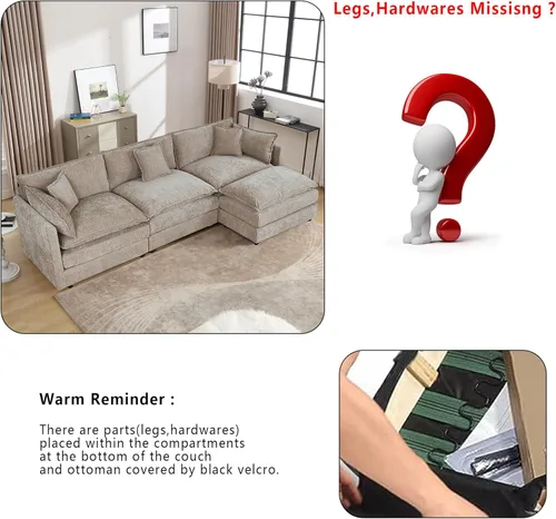 Miniatura 6 de Setawix Sofá Profundo de 3 Plazas con Otomana, Sofás de Nube en Forma de L de 112.2" para Sala de Estar, Sofá de Nube de Chenilla con Asiento Café