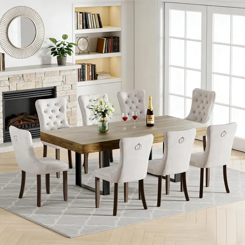 Miniatura 9 de Juego de mesa de comedor extensible de 5 piezas para 4, mesa de cocina de madera marrón de 63-78.7 pulgadas con 4 sillas acolchadas beige, juego